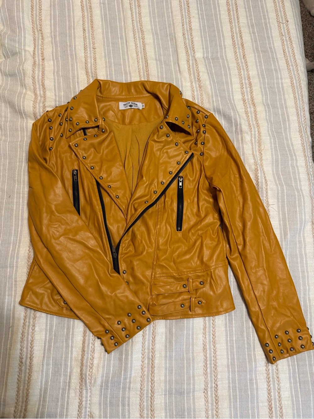 Crazy Train Mustard Studded Faux Leather Moto Jacket